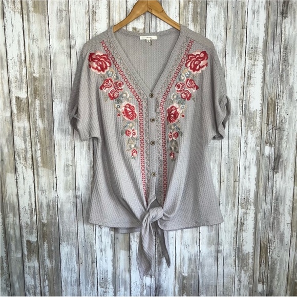 Andree Tops - Andree Embroidered Tie Bottom Button Blouse